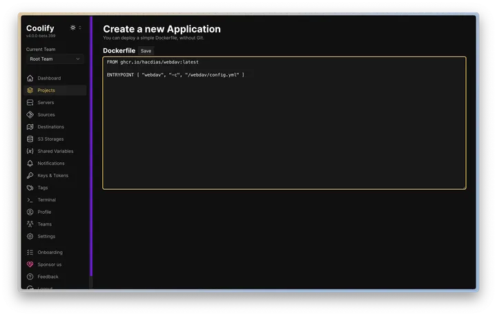 Coolify Dockerfile 편집기에 WebDAV 이미지를 입력한 모습