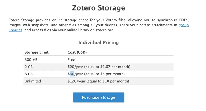 Zotero Storage의 용량별 요금 표