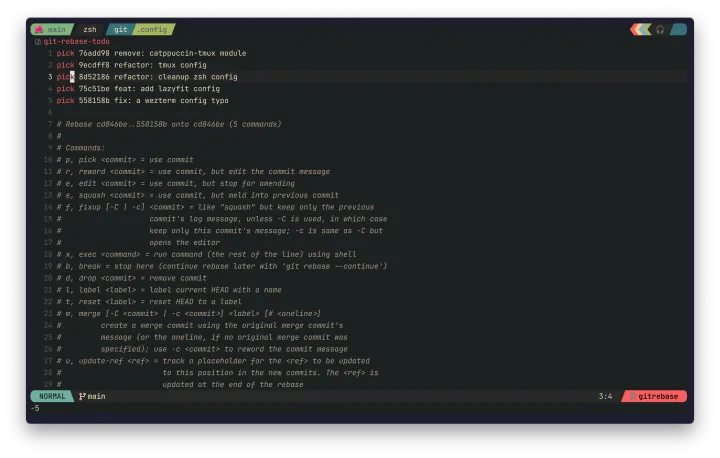 Git interactive rebase에서 pick, squash, fixup 명령을 선택하는 화면